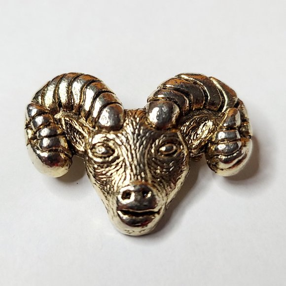 Vintage Gold Aries Rams Head Brooch with Spiral Horn Horoscope Bighorn Sheep EUC - Picture 1 of 2